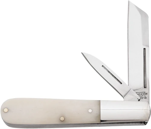 The Bear & Son BCWSB280 Barlow is shown with its satin sheepfoot and pen blades open, set in a white smooth bone handle with a long nickel silver bolster.