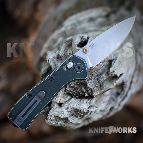 Buck Mini Range Trail Worn Elite 0790GRS2 with stonewashed CPM MagnaCut blade and tumbled green aluminum handle, open view