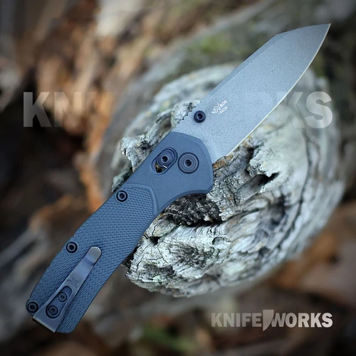 Buck Range Ops Pro 0797BLS1 with gray Cerakote 154CM plain edge blade and blue GFN handle, open view