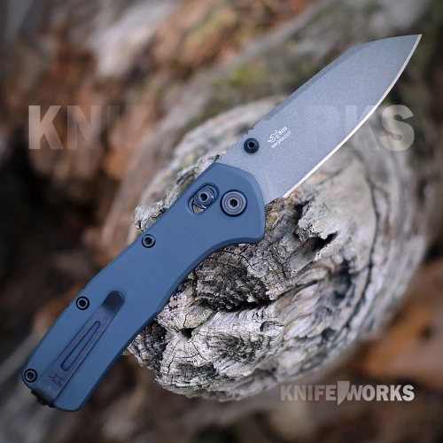 Buck Range Ops Elite 0797BLS with gray Cerakote CPM MagnaCut plain edge blade and blue aluminum handle, open view