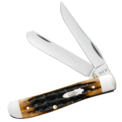 The Case XX Trapper 12770 is shown open, with its mirror-polished Tru-Sharp stainless steel Clip and Spey blades extending from a Kinfolks jigged Molasses Bone handle featuring nickel silver bolsters and a brass Case shield.
