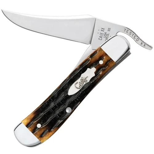 he Case XX Russlock 12773 is shown open, with its mirror-polished Tru-Sharp stainless steel locking Clip Point blade and thumb lever extending from a Kinfolks jigged Molasses Bone handle featuring nickel silver bolsters and a nickel silver bombshell script inlay shield.