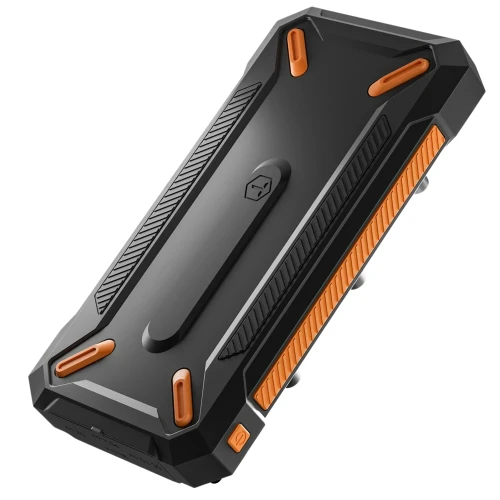 The ToughTested Solar Wireless TT-PBW-10C powerbank is shown featuring its ruggedized IP65 rubberized bumper casing, solar panel surface, wireless charging pad, USB-C and USB-A ports, and integrated carabiner attachment loop.