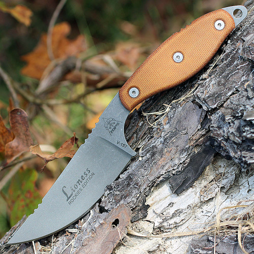 TOPS Knives Lioness Rockies Edition (TPLIONTBF) 4.13" 1095 Stonewashed Trailing Point Plain Blade, Tan Canvas Micarta Handle, Coyote Tan Kydex Sheath