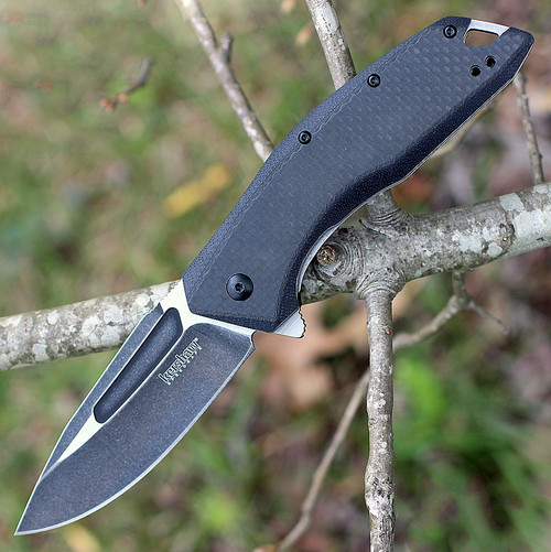 Kershaw Flourish Assisted Opening Knife (3935)- 3.50" Blackwashed 8Cr13MoV Drop Point Blade, Black G-10 Handle