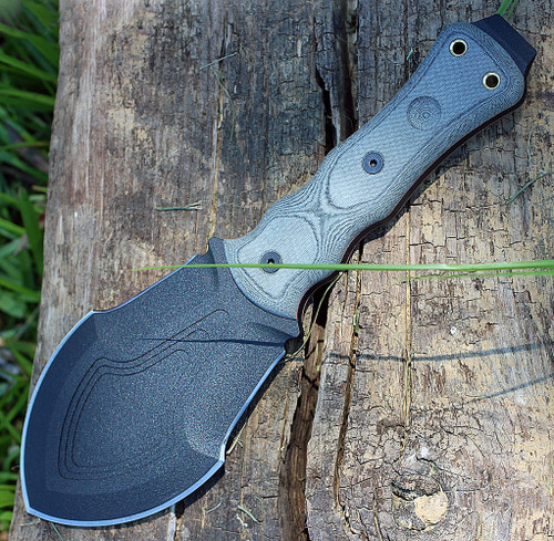 TOPS Tracker Digger (TPTBTDIG) 4.75" 1095 Black Traction Coated Double Edged Plain Blade, Black Linen Micarta Handle, Black Ballistic Nylon Handle