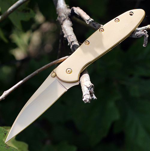 Kershaw Leek Assisted Opening Knife (1660G)- 3.00" Gold Plated Sandvik 14C28N Drop Point Blade, Gold Plated Stainless Steel Handle