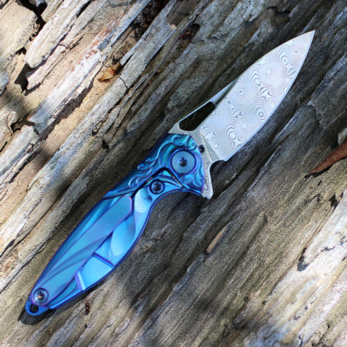 Rike Knife MINI Hummingbird Framelock, 1.57" Damascus Plain Blade, Blue Titanium Handle