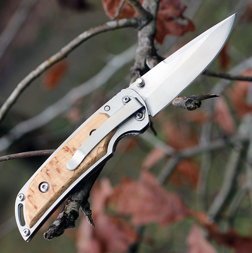 Marttiini 915111 Taittoveitsi MFK, 3.25" Stainless Plain Blade, Curly Birch Handle