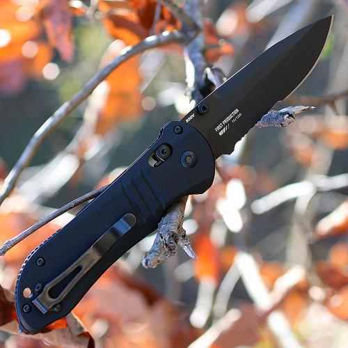 Benchmade Tactical Triage (917SBK) 3.48" CPM-S30V Partially Serrate black Drop Point Blade, Black G-10 Handle, Hook