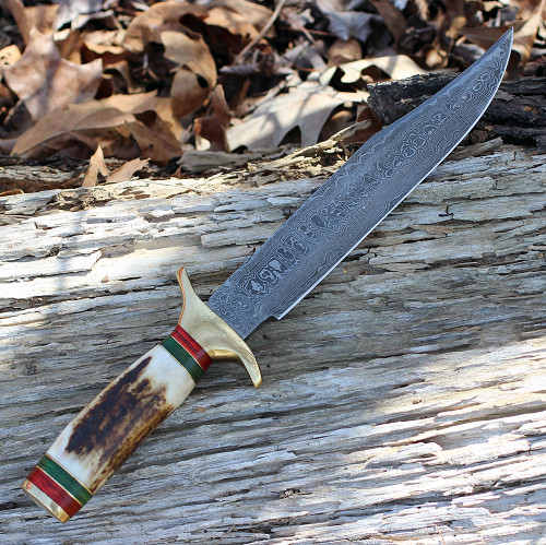 Damascus 1032 Bowie, 9" Damascus Plain Blade, Stag Handle