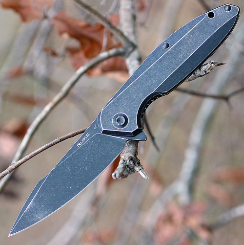 Ruike Beta Plus P128SB, 3.5" 14C28N Plain Blade, Black Stonewashed Stainless Handle