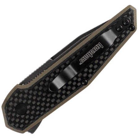 Kershaw Fraxion 1160TANBW Tan showing the carbon fiber overlay and G-10 handle.