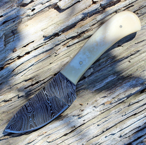 Damascus 1080BO Skinner, 3" Damascus Plain Blade, White Smooth Bone Handle