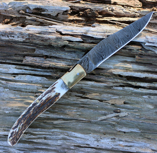 Damascus 1087 Folder, 3" Damascus Plain Blade, Stag Handle