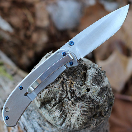 Boker Magnum Blue Dot (BOM01RY863) 3.3" 440A Stonewashed Clip Point Plain Blade, Stonewashed Stainless Steel Handle