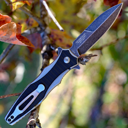 Kershaw Decimus Assisted Opening Knife (1559)- 3.25" Blackwashed 8Cr13MoV Spear Point Blade, Stonewashed Stainless Steel Handle