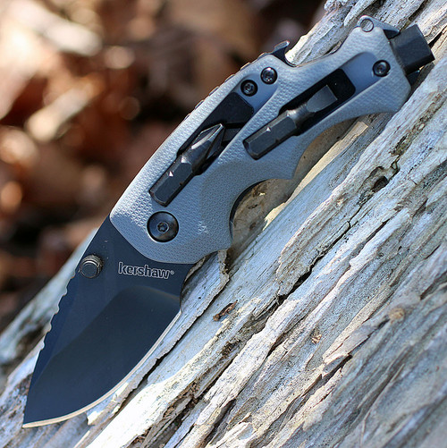 Kershaw Shuffle DIY 8720 open profile view showing Blackwash blade and integrated bit driver in the gray GFN handle.
