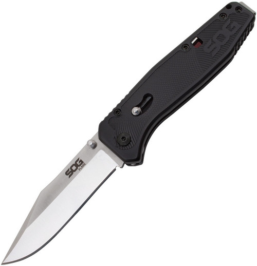 SOG FLA1001CP Flare, 3.5" 8Cr13MoV  Satin Polished Clip Point Plain Blade, Black GRN Handle
