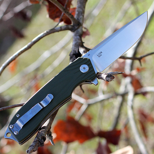 Bestech G01B Lion, 3.5" D2 Plain Blade, OD Green G-10 Handle