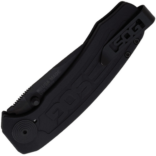 SOG BA1001BX Banner Button Lock Folder, 3.5" S35VN Black Drop Point Plain Blade, Black Aluminum Handle