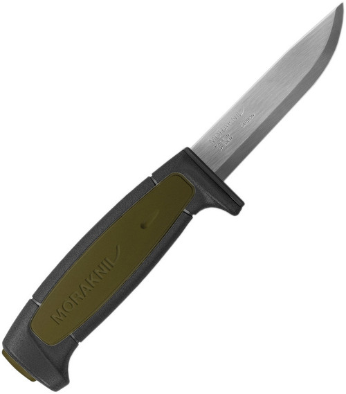 Mora Kniv Basic 511 (02210) 3.5" High Carbon Steel Drop Point Plain Blade, Black and Green Polymer Handle, Black Molded Polymer Sheath