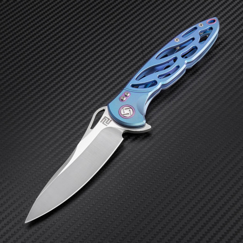 Artisan Dragonfly ATZ1801GBUM, 3.94" M390 Plain Blade, Blue TC4 Titanium Handle