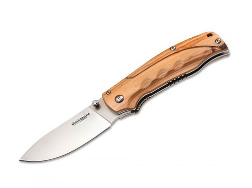 Boker Magnum Pakka Hunter (01MB700) 3.7" 440B Satin Drop Point Plain Blade, Pakka Wood Handle