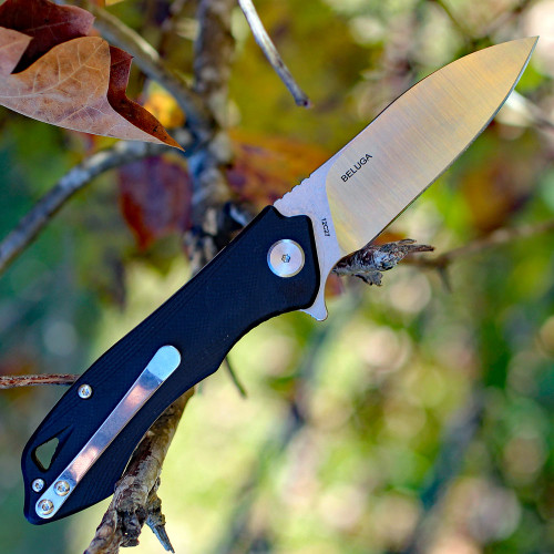Bestech BTKG11A2 Beluga, 3.0" Sandvick 12C27 Stonewash Plain Blade, Black G-10 Handle