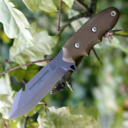 TOPS Backpacker's Bowie Knife BPB-01, 4.50" 1095 Carbon Steel Blade, Green Canvas Micarta Handle