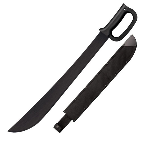 The Cold Steel Latin D-Guard Machete (CS-97AD21S) shown with its 21-inch 65Mn straight back blade in a black anti-rust matte finish, injection molded polypropylene handle fully encasing the solid steel D-ring guard, and its included Cor-Ex™ sheath. The full steel tang running through the guard is visible at the base of the handle.