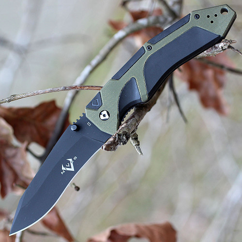 V Nives 30176 Fractal Assist, 3.6" Black D2 Plain Blade, Black G-10, Green FRN Inlay Handle