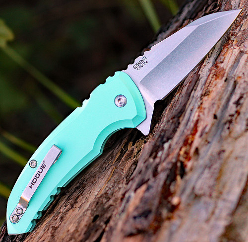 Hogue X1-Microflip (HO24163) 2.63" CPM-154 Stonewashed Wharncliffe Plain Blade, Teal Aluminum Handle, Black Nylon Zippered Storage Case