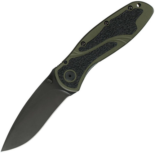 Kershaw Blur 1670OLBLK open profile view showing black DLC 14C28N blade and OD Green Trac-Tec handle inserts.