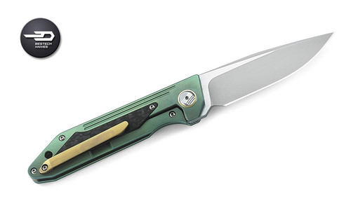 Bestech Knives BT1803B SHINKANZEN, 3.54" S35VN Plain Blade, Green Titanium Handle w/Carbon Fiber Inlay