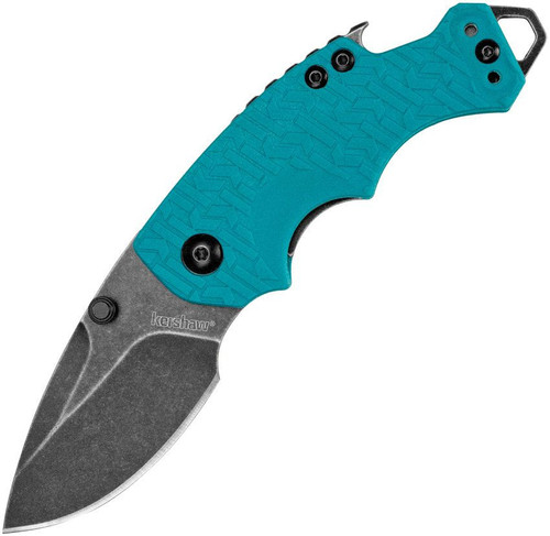 Kershaw Shuffle 8700TEALBW open view showing the Blackwash blade, vibrant teal K-Texture handle, and integrated bottle opener.