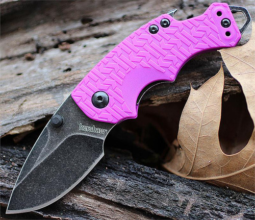 Kershaw Shuffle 8700PURBW open view showing the Blackwash blade, vibrant purple K-Texture handle, and integrated bottle opener.