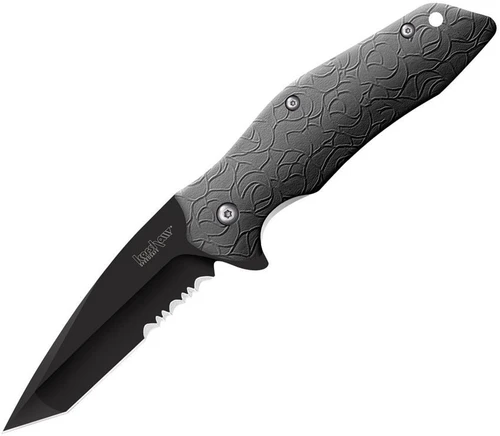 Kershaw Kuro 1835TBLKST assisted opening knife open profile view showing the black partially serrated tanto blade and textured black GFN handle.