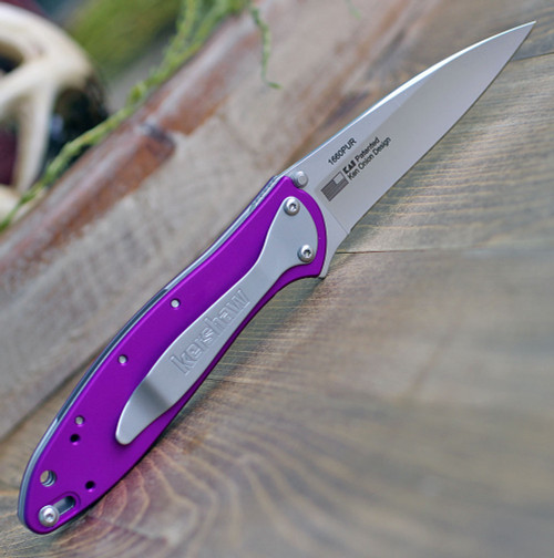 Kershaw Leek Assisted Opening Knife (1660PUR)- 3.00" Stonewashed Sandvik 14C28N Drop Point Blade, Purple Aluminum Handle