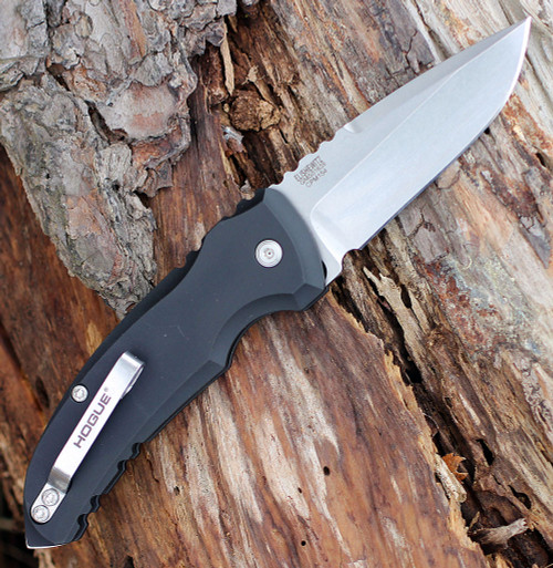 Hogue A01-Microswitch (HO24110) 2.75" Stonewashed Drop Point Plain Blade, Black Anodized Aluminum Handle