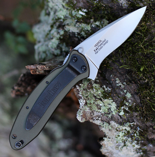 Kershaw Scallion Assisted Opening Knife (1620OL)- 2.40" Stonewashed 420HC Drop Point Blade, OD Green Aluminum Handle