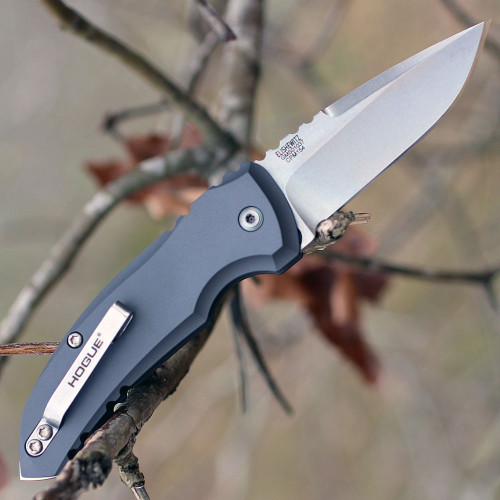 Hogue Microswitch (HO24112) 2.75" CPM-154 Stonewashed Drop Point Plain Blade, Gray Anodized Aluminum Handle