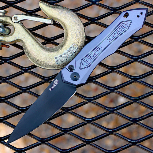 Kershaw Launch 6 7800GRYBLK automatic knife showing the black CPM-154 blade and gray milled aluminum handle.