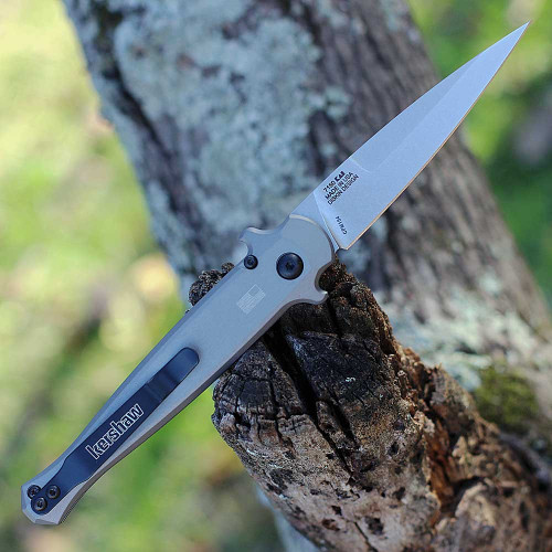 Kershaw Launch 8 7150 automatic stiletto knife view showing the stonewashed spear point blade and gray aluminum handle with carbon fiber inlay.