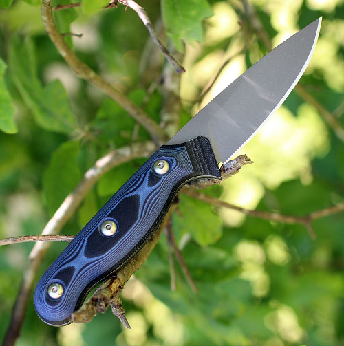 TOPS Knives Dicer 4 Steak Knife 4.38 CPM-S35VN Tumbled Blade, Black  Micarta & Blue/Black G10 Handles, Black Kydex Sheath - KnifeCenter - DCR4-01