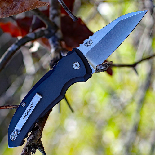 Hogue A01 Microswitch (HO24102) 2.75" CPM-154 Stonewashed Wharncliffe Plain Blade, Gray Anodized Aluminum Handle