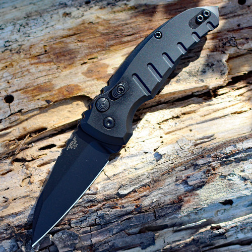 Hogue A01 Microswitch (HO24106) 2.75" CPM-154 Black Cerakote Finished Wharncliffe Plain Blade, Black Anodized Aluminum Handle
