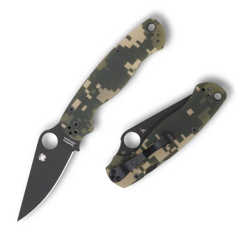 The Spyderco Para Military 2 C81GPCMOBK2 is shown open against a white background. The black DLC-coated clip point blade with a Trademark Round Hole extends from a digital camo G-10 handle with a black pocket clip.