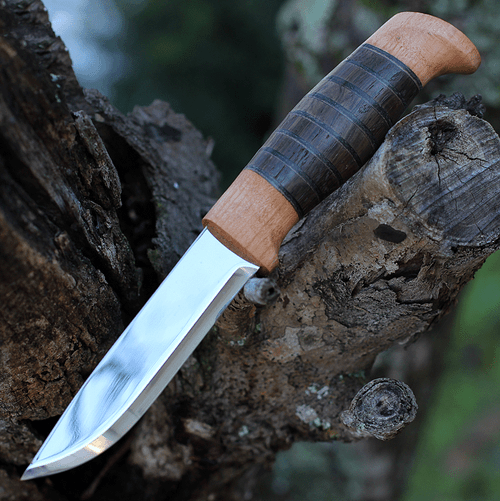 Helle Sigmund Fixed Blade (#77) 4.25" H3LS Drop Point Plain Blade, Beech and Ebony Wood Handle, Leather Sheath