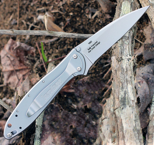 Kershaw Leek Assisted Opening Knife (1660)- 3.00" Stonewashed Sandvik 14C28N Drop Point, Silver Stainless Steel Handle